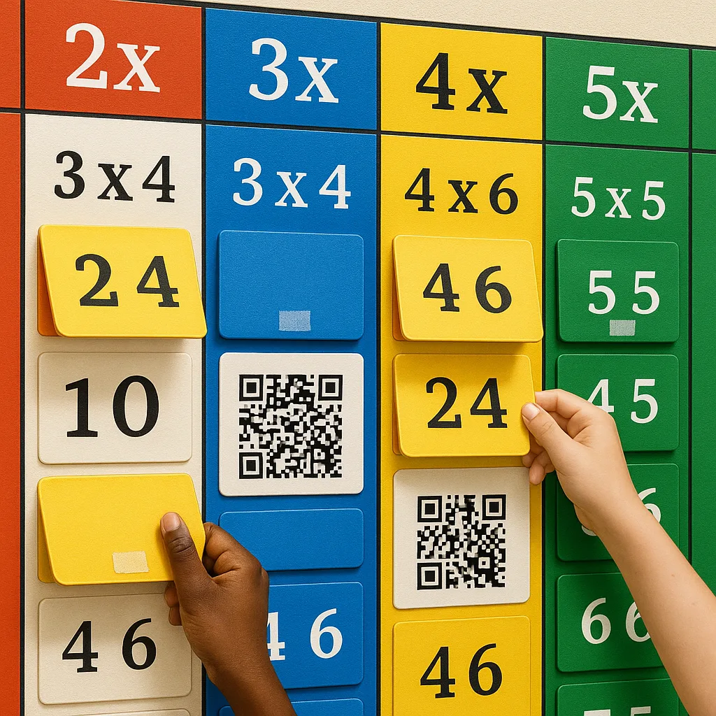Design a close-up view of an interactive multiplication wall display large, tactile flip cards velcro attachments. Show hands of diverse elementary students lifting flaps to reveal answers.
