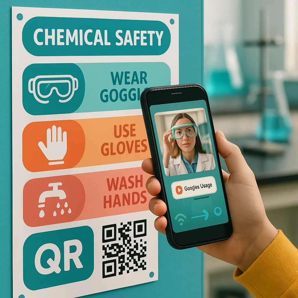Design a close-up view of a student’s hand holding a smartphone, scanning a QR code on a science poster. The poster section visible shows a colorful diagram of chemical safety procedures icons and Design a close-up view of a student's hand holding a smartphone, scanning a QR code on a science poster. The poster section visible shows a colorful diagram of chemical safety procedures icons and