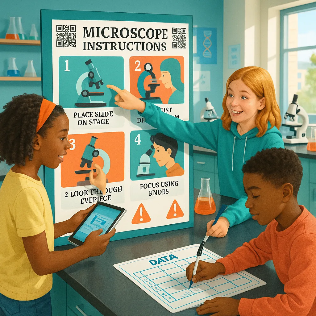 A vibrant, science classroom scene students actively engaged around a large, colorful poster station mounted on a lab bench. The poster displays clear step-by-step microscope instructions numbered