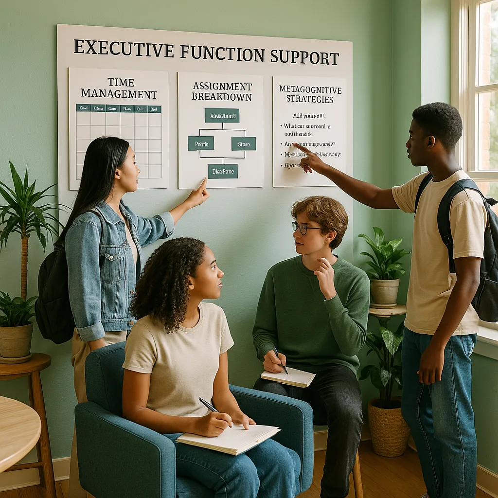 A bright, calming classroom corner a well-organized wall display of executive function support posters. Show a diverse group of secondary students (ages 13-18) actively using the visual aids.