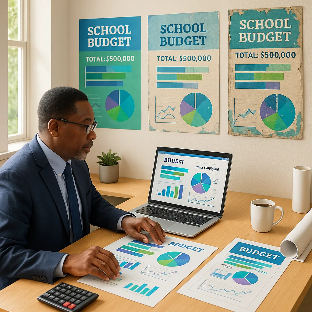 A bright, office setting a school administrator at a desk reviewing colorful budget charts and graphs on both a laptop screen and printed papers. Multiple poster samples in various states of wear