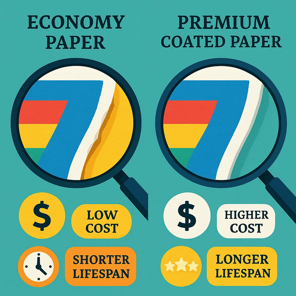 An infographic-style comparison image two poster papers side by side under magnification. The left side shows economy paper visible fiber separation, color fading, and edge curling, while the
