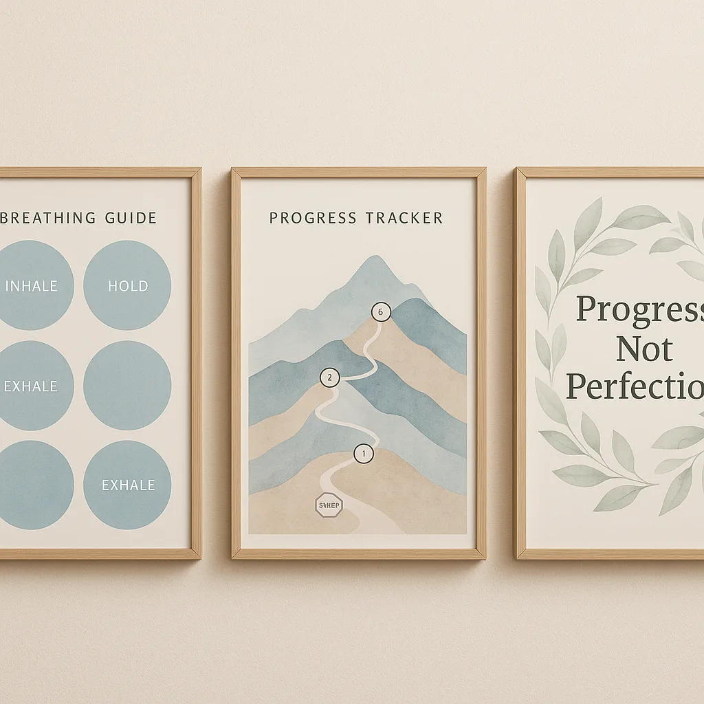 Close-up view of a wall display three calming posters: a geometric breathing guide soft blue circles inhale-hold-exhale patterns, a progress tracker designed as a peaceful mountain scene milestone Close-up view of a wall display three calming posters: a geometric breathing guide soft blue circles inhale-hold-exhale patterns, a progress tracker designed as a peaceful mountain scene milestone