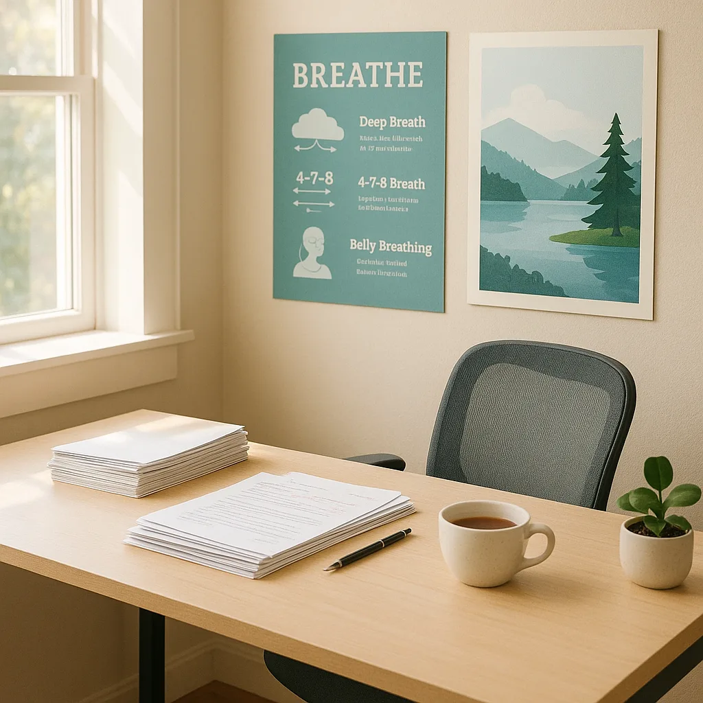 A serene teacher's grading space photographed from a three-quarter angle, a desk neat paper stacks, soft natural lighting from a window, calming blue and green poster displays on the wall