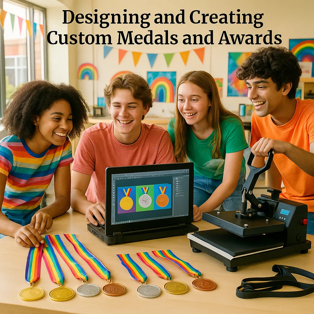 A bright, energetic image in Merriweather font a diverse group of high school students (ages 15-17) working together around a sublimation printer and heat press station. They're designing and