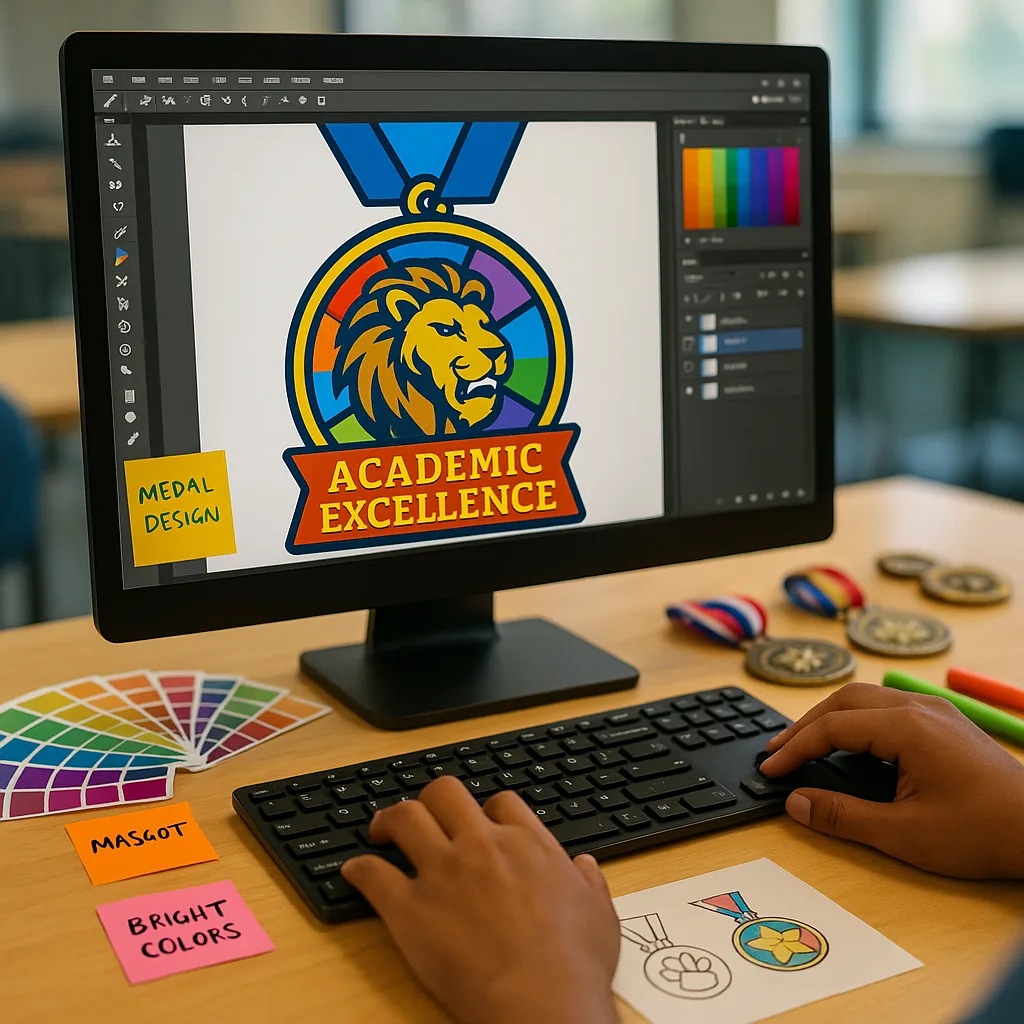 Design a close-up shot in Merriweather font of student hands working on a computer, creating a medal design in graphic design software. The screen shows a colorful medal template school mascot and Design a close-up shot in Merriweather font of student hands working on a computer, creating a medal design in graphic design software. The screen shows a colorful medal template school mascot and