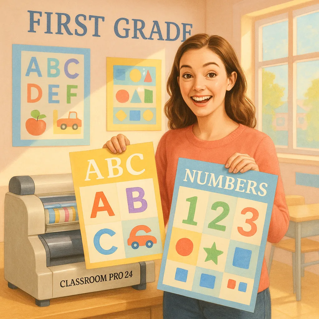 A bright, cheerful classroom scene a first-grade teacher (female, early 20s, enthusiastic expression) standing next to a school poster maker machine. She's holding colorful educational posters