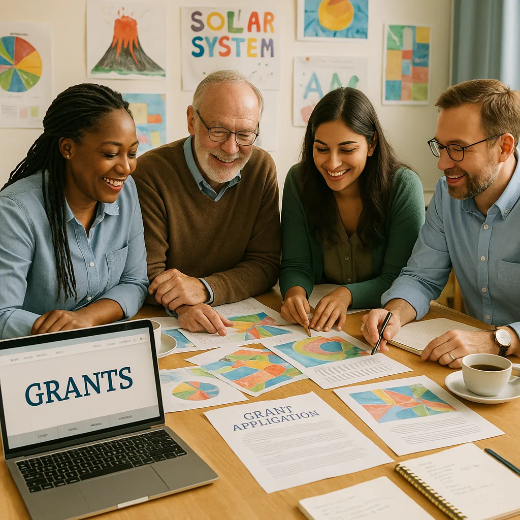An inspiring scene of a diverse group of teachers and community members gathered around a table covered grant application papers and colorful poster samples. Include a laptop a grant website, An inspiring scene of a diverse group of teachers and community members gathered around a table covered grant application papers and colorful poster samples. Include a laptop a grant website,