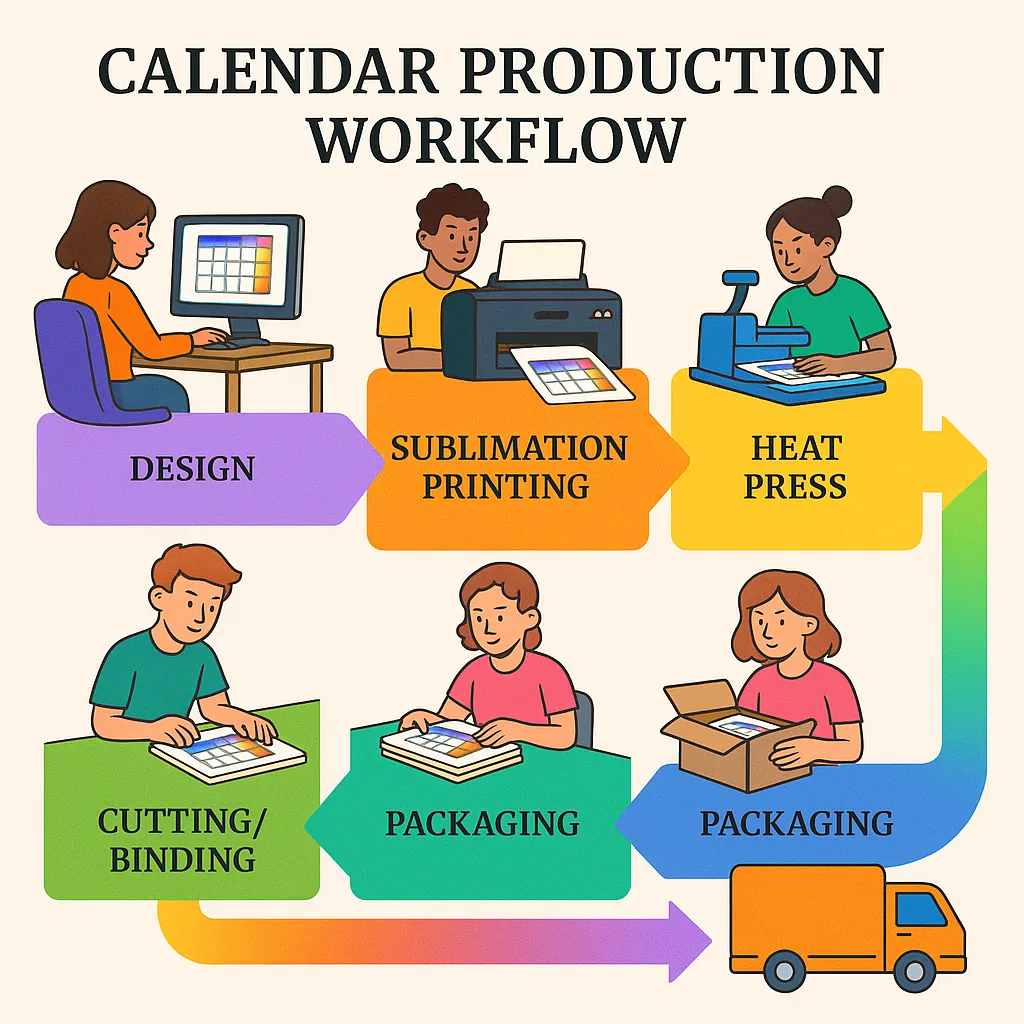 Design a infographic the calendar production workflow from design to delivery. Include icons for each step: computer design station, sublimation printer, heat press, cutting/binding area,