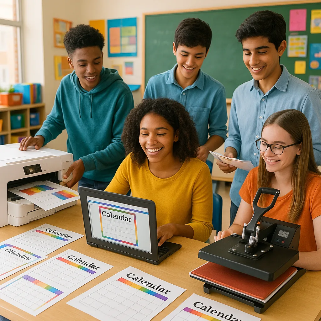 A vibrant, engaging classroom scene diverse high school students working together on a calendar printing business. Include a sublimation printer, heat press, and colorful calendar designs spread