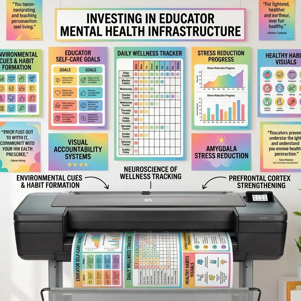 Design a bright, organized teacher's desk area a large monthly wellness tracking calendar poster prominently displayed on the wall behind it. The calendar should show color-coded self-care
