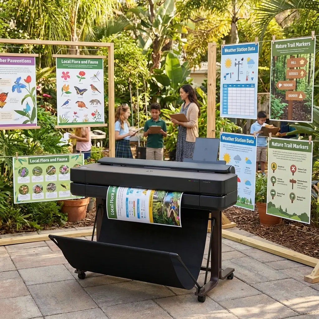 An outdoor classroom scene with a large-format school poster maker printing colorful educational posters on local flora, fauna, and weather data while students and a teacher work nearby