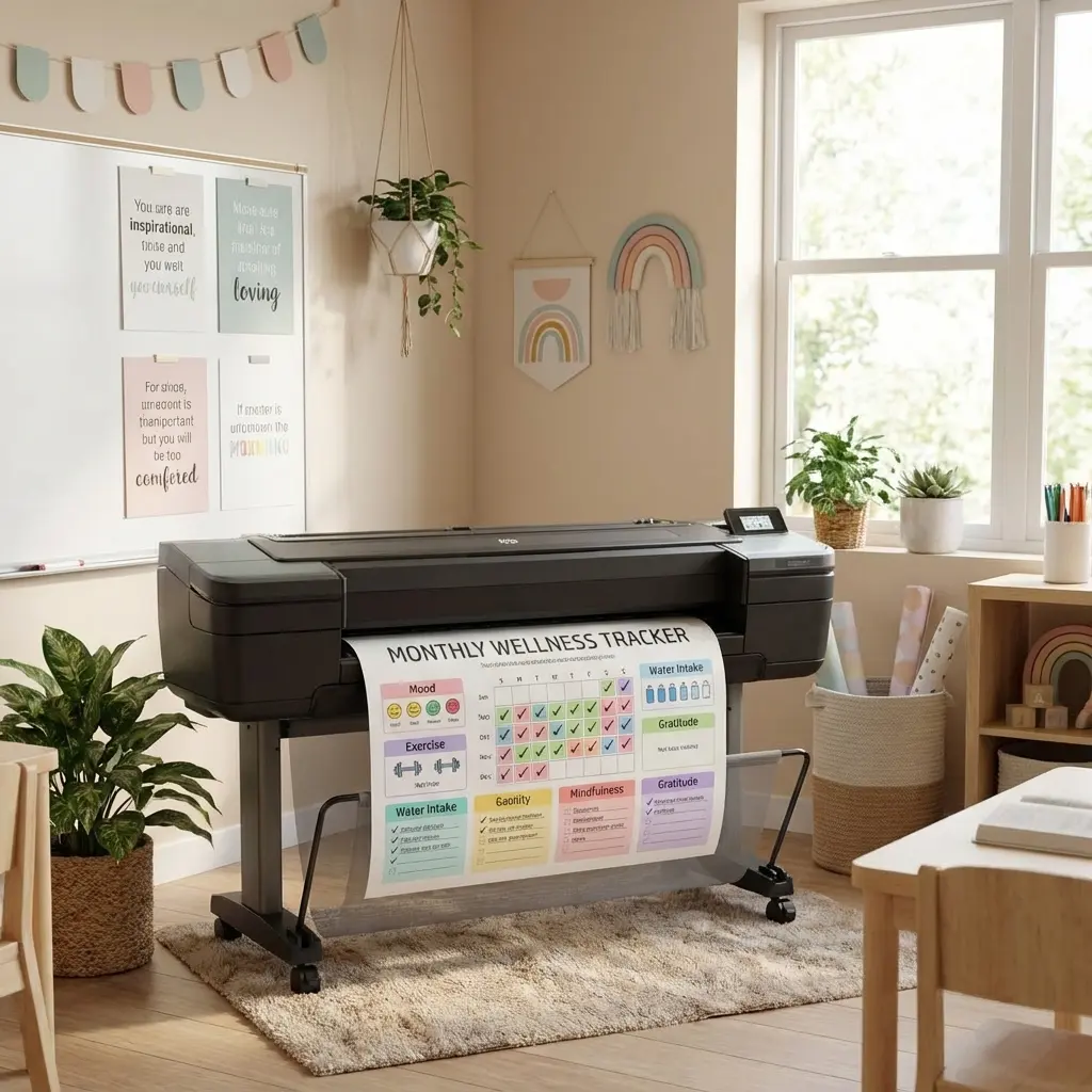 A school poster maker in a calm, decorated classroom printing a colorful monthly wellness tracker chart, surrounded by plants, rainbow décor, and teacher motivation posters