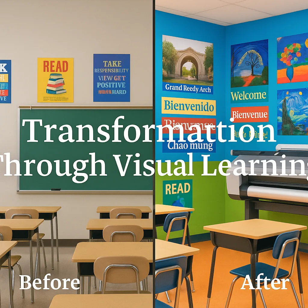 A collage-style image before and after classroom transformations. Left side: sparse classroom generic posters. Right side: learning environment custom-printed culturally responsive posters local