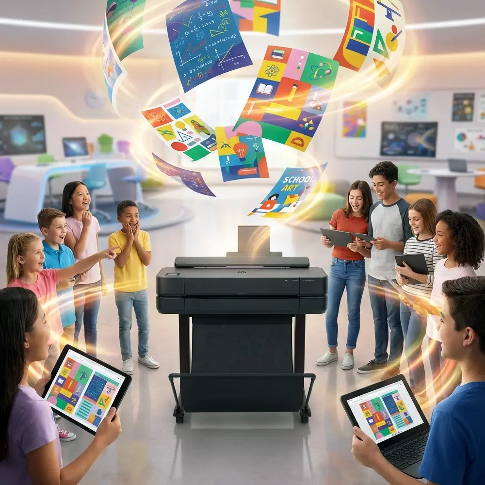 Students gathered around the Classroom Pro school poster maker watching colorful educational posters swirl into the air in a bright modern classroom