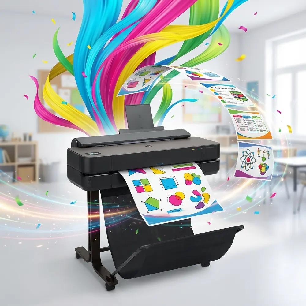 Classroom Pro school poster maker producing vibrant educational posters with colorful swirling graphics in a modern classroom setting