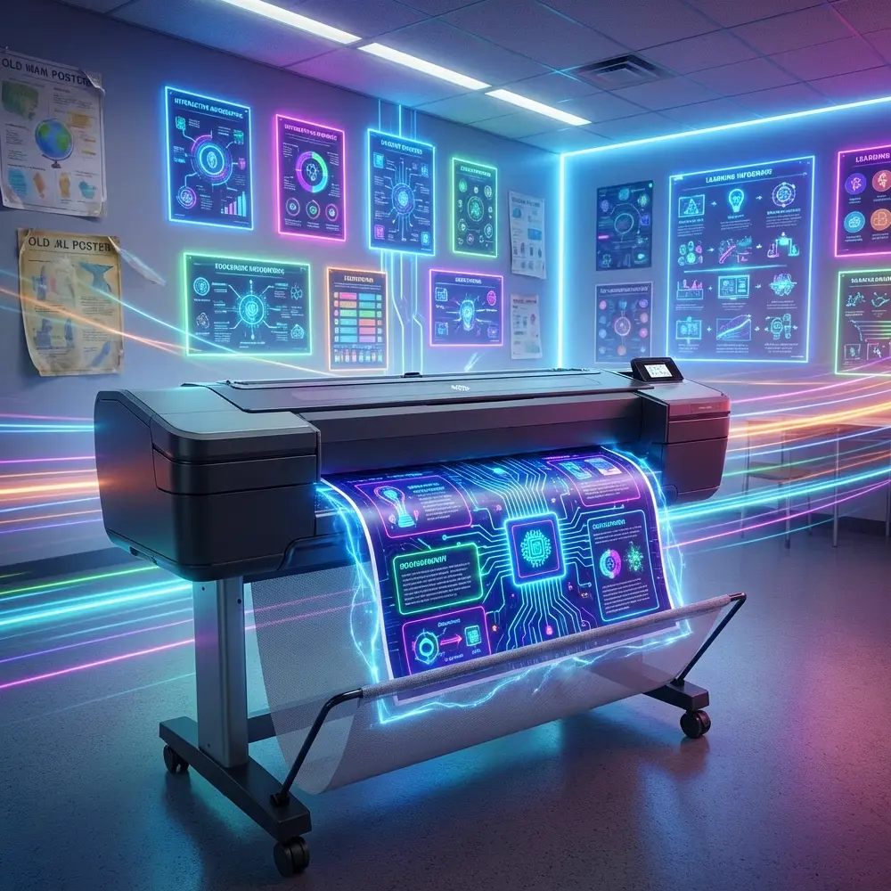 Poster printer machine producing a vibrant educational poster with creative visual elements in a school environment