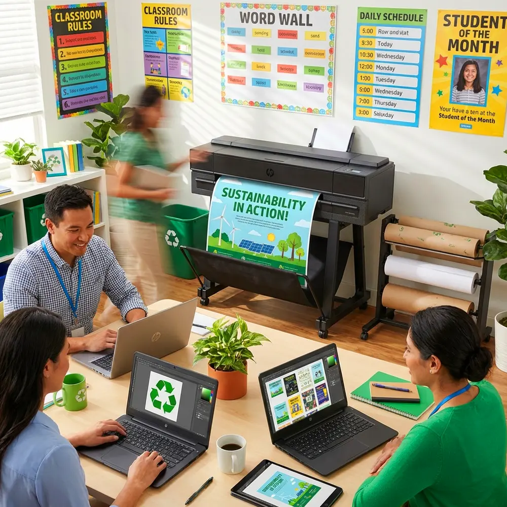 Teachers using a school poster maker to print sustainable classroom posters in a collaborative learning environment