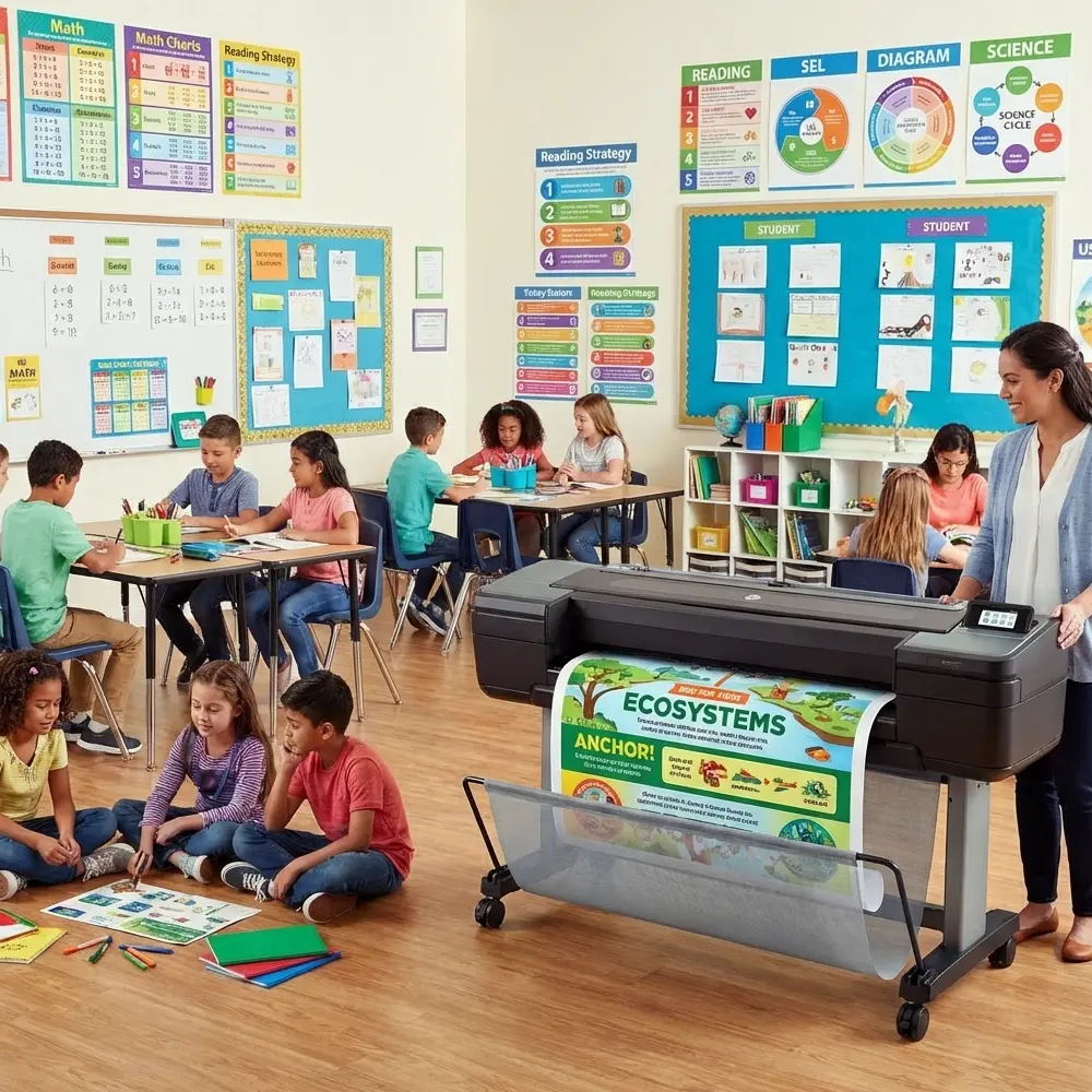 Teacher using a school poster maker to print a large ecosystems poster while students work on classroom activities surrounded by colorful educational wall displays
