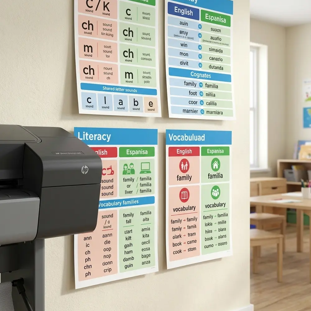 Multilingual literacy posters showing English and Spanish phonics and vocabulary printed with a school poster printer in a classroom