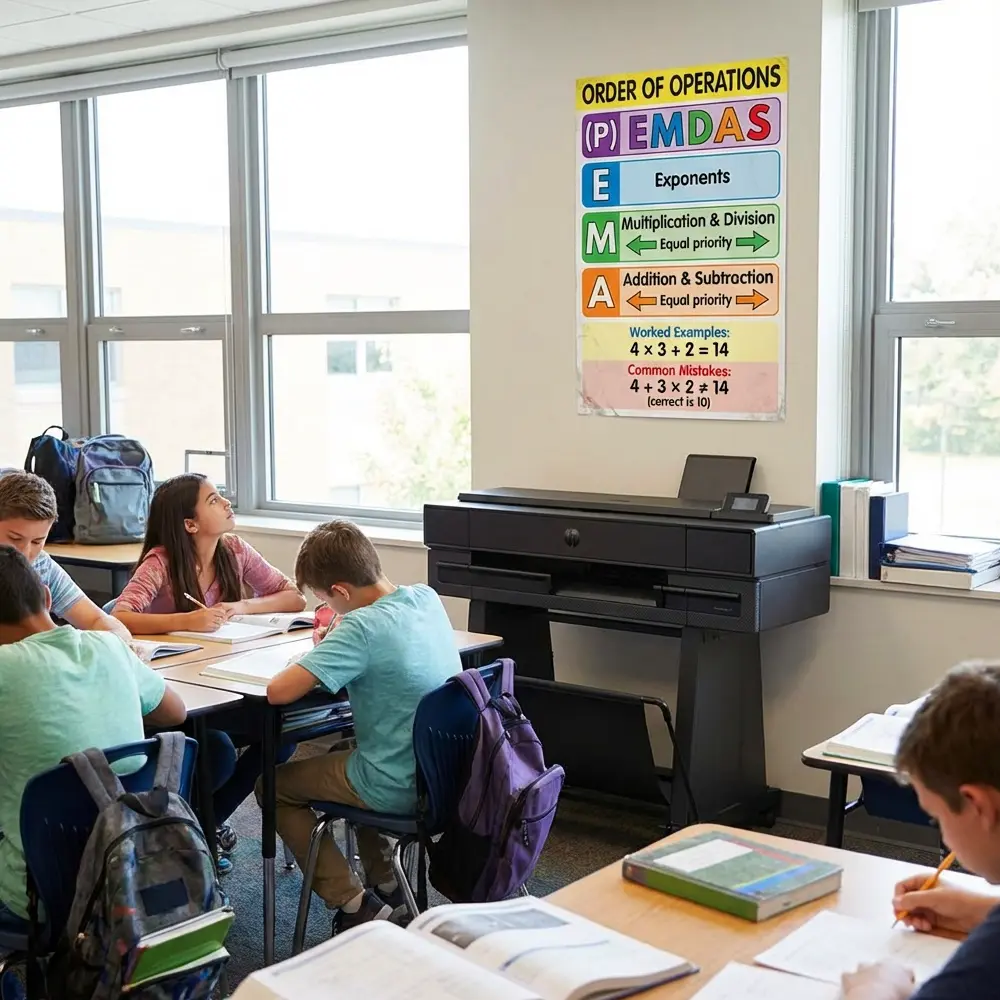 Order of operations PEMDAS poster created with a school poster maker displayed in a middle school classroom