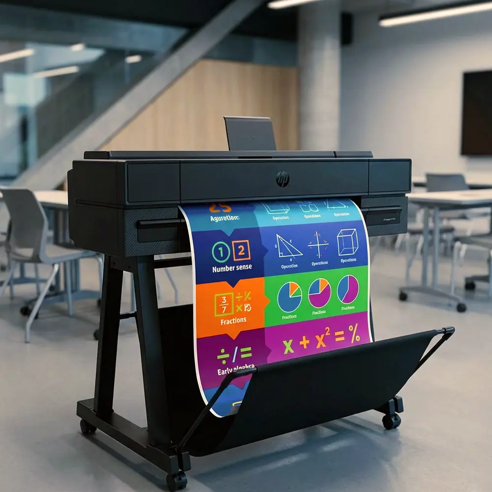 School poster maker printing a vibrant math poster with number sense, fractions, and algebra visuals