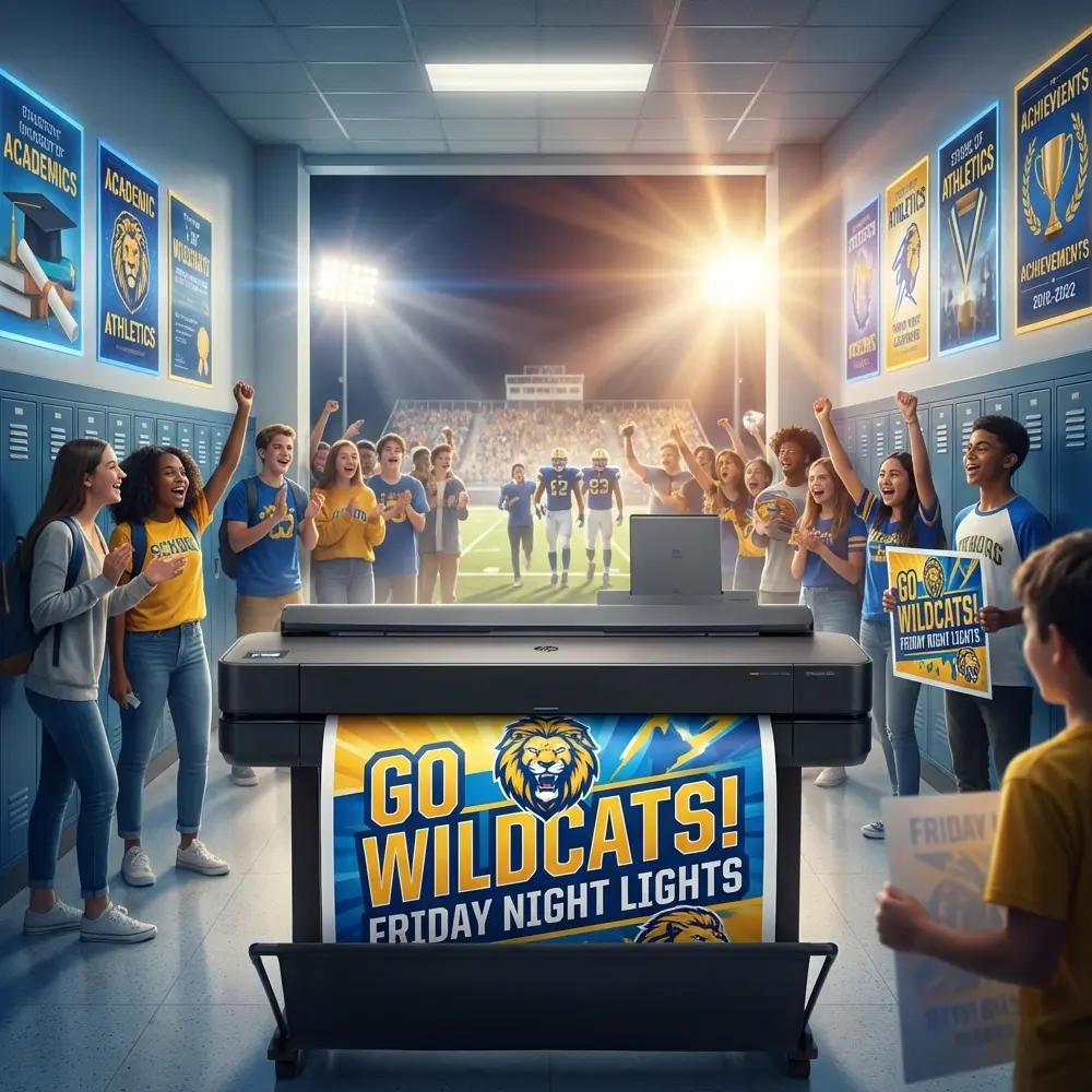 Students cheering in a school hallway as a poster maker prints a bold Friday night football school spirit poster