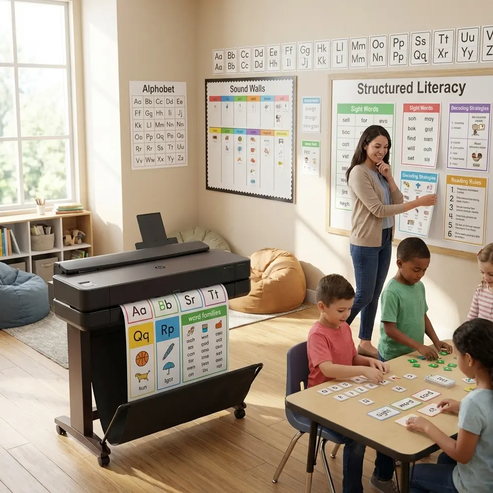 School poster printer creating phonics and word family posters for structured literacy instruction in an elementary classroom