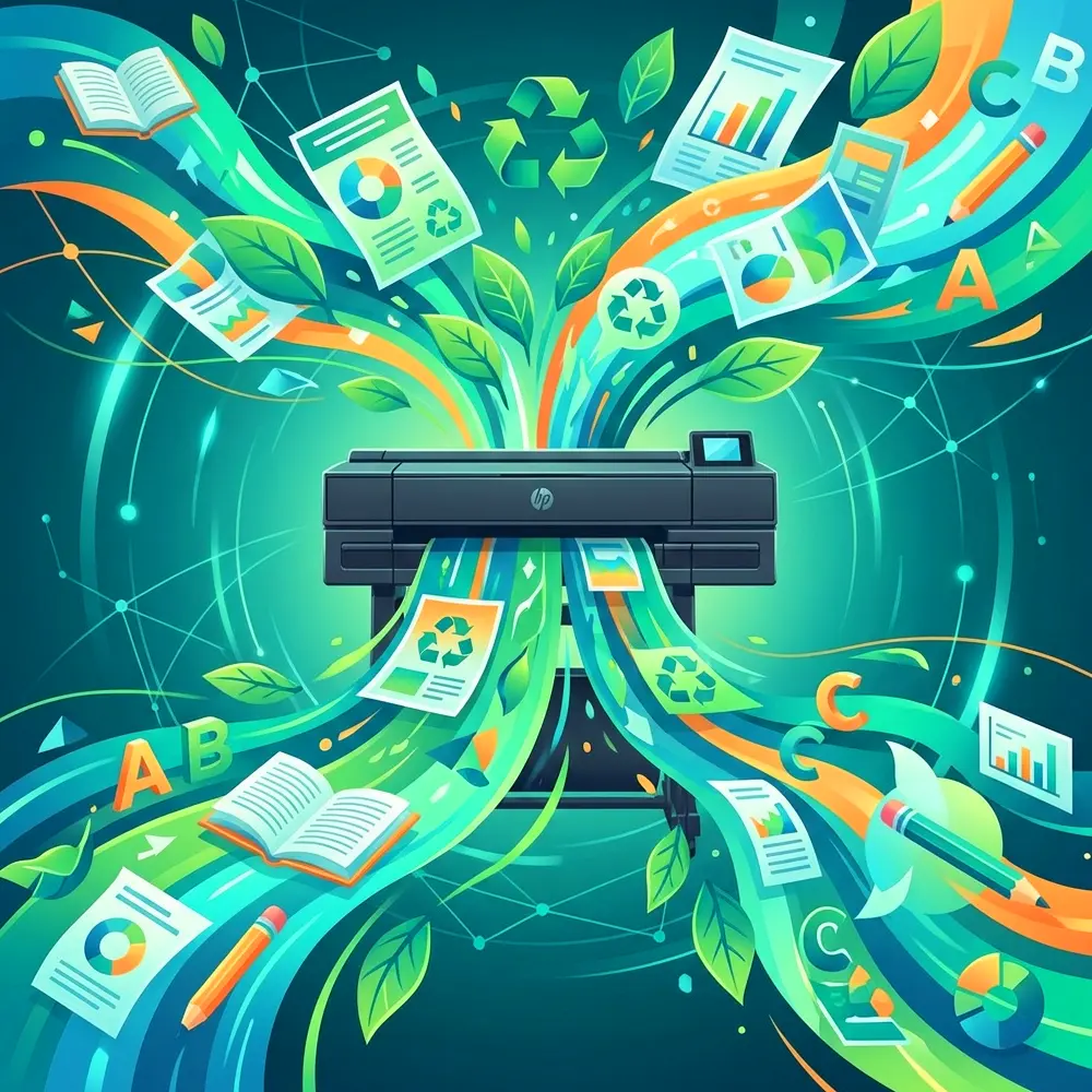 Illustration of a school poster maker producing eco-friendly educational posters with sustainability symbols and green design elements