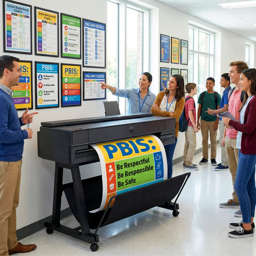 School poster maker printing PBIS behavior expectations poster as staff and students review hallway visuals for MTSS support