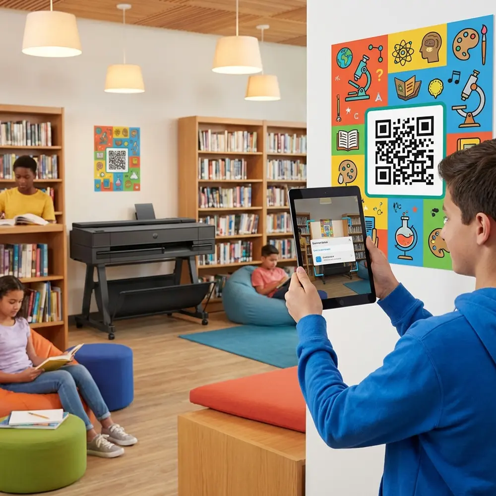 Student scanning a QR code on a colorful library poster printed with a school poster maker, connecting physical displays to digital learning resources in a modern school library