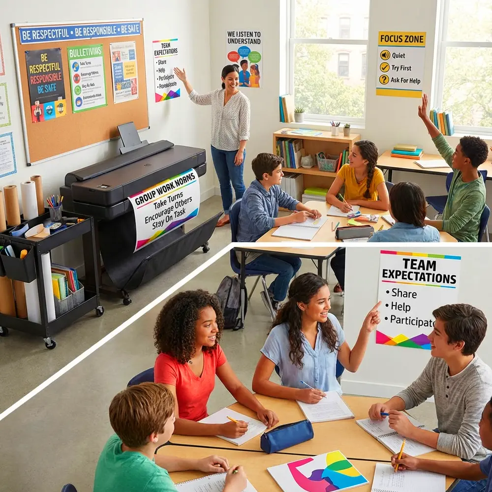 Classroom expectations posters printed with a school poster maker displayed in an active classroom setting