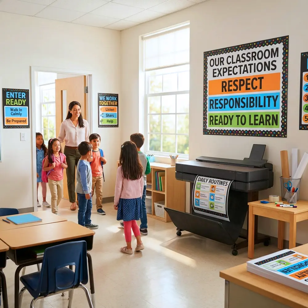 Students entering a classroom with large expectations posters and daily routines visuals printed using a school poster maker