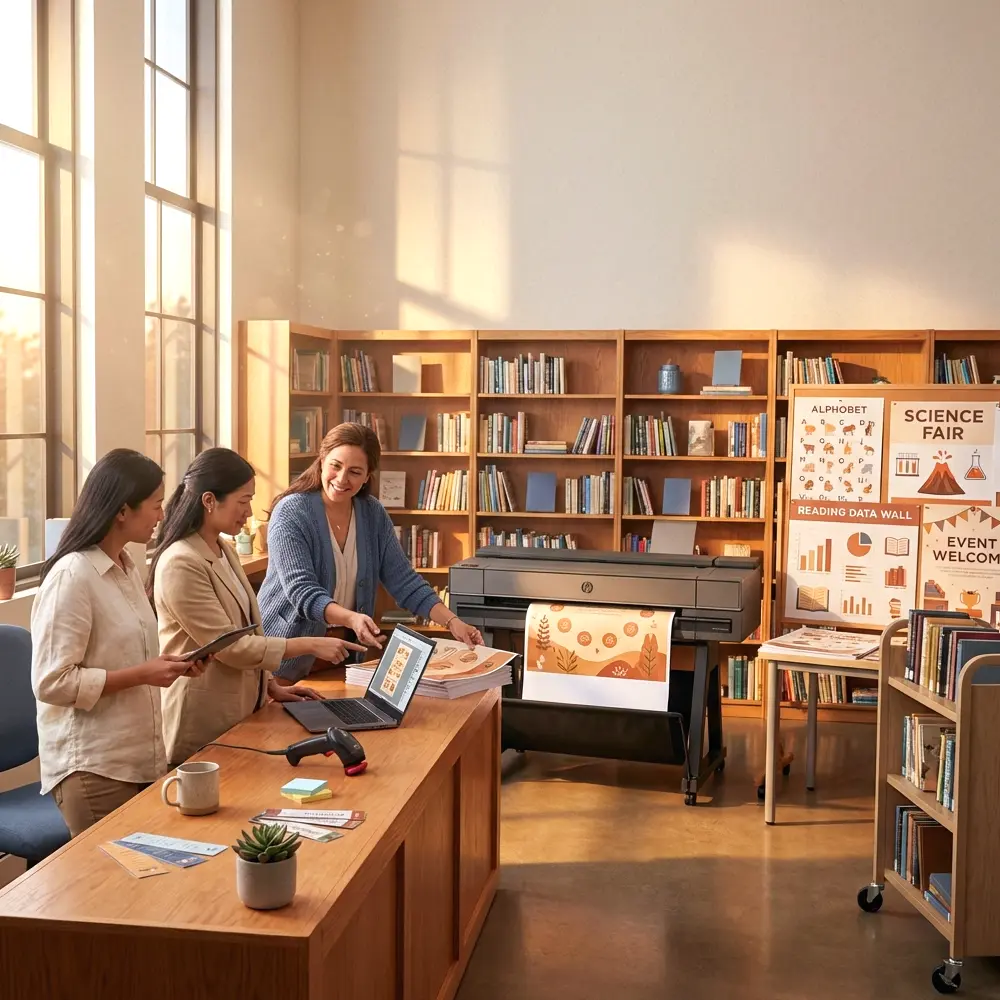 Media specialist and teachers in a school library using a poster printer machine in the media center to print classroom posters for reading data walls, alphabet charts, science fair displays, and event welcome signs