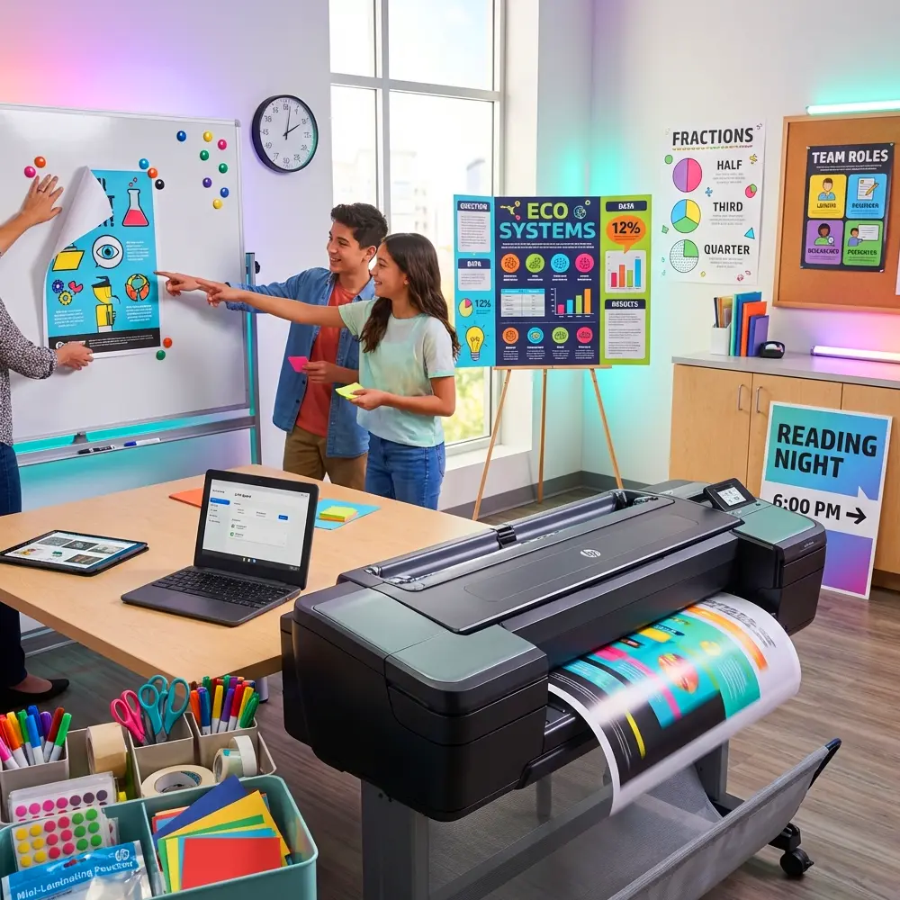 School poster maker printing a colorful classroom learning poster while students and teacher collaborate in a modern classroom
