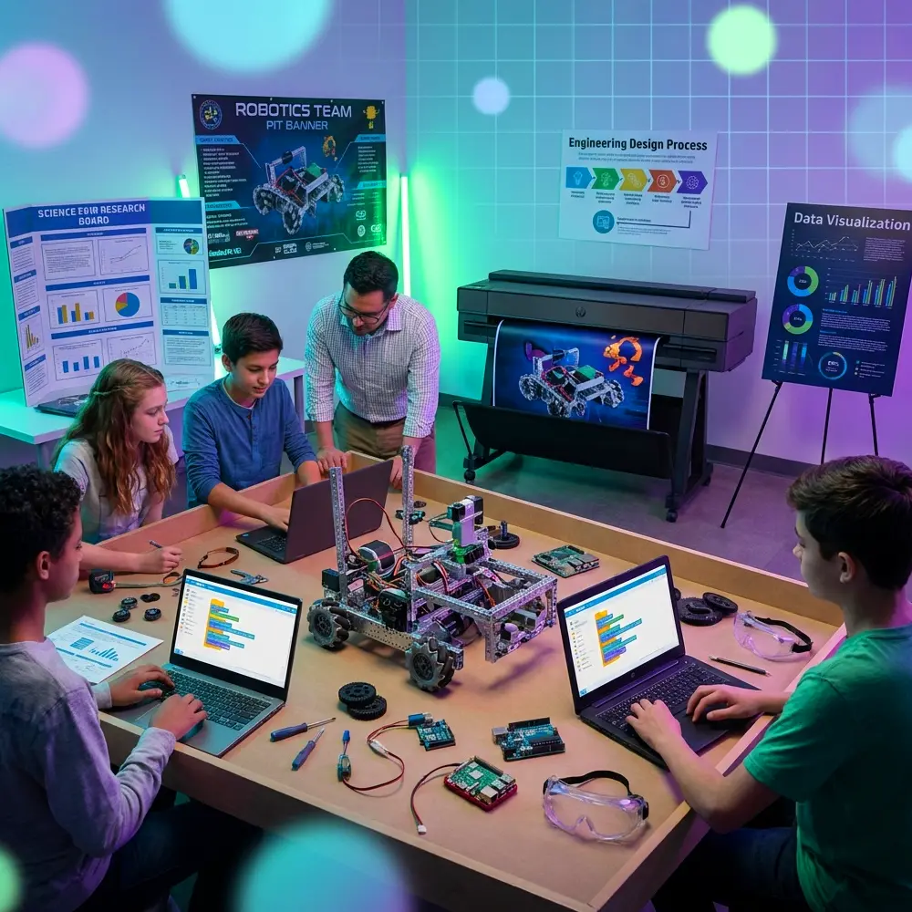 Students and teacher in a robotics lab using a school poster maker to print STEM posters, including a robotics pit banner, engineering design process chart, and data visualization display