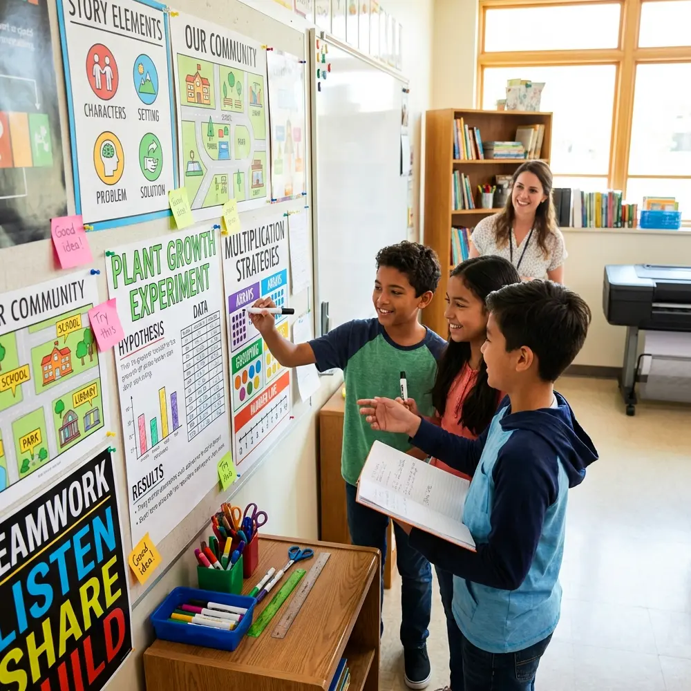Students collaborating around posters created with a school poster maker