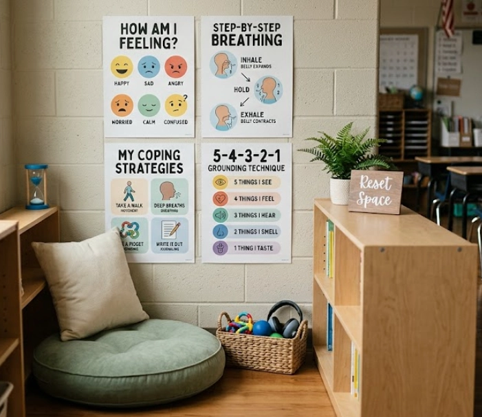 A classroom calm down corner with feelings, breathing, and coping strategy posters above a floor cushion and sensory tools basket